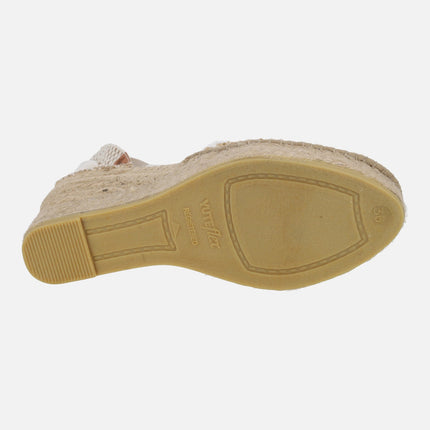 Alpargatas de cuña alta en rafia natural-blanco con cintas