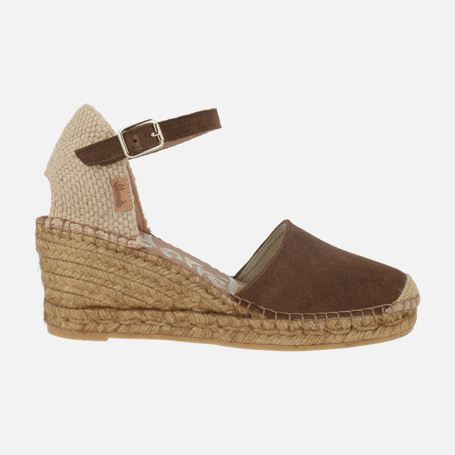 Alpargatas de piel serraje y tejido con pulsera al tobillo