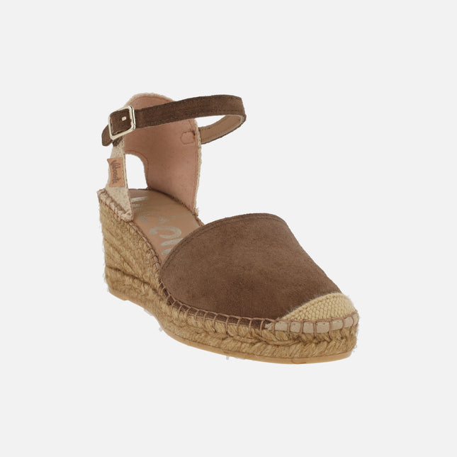 Alpargatas de piel serraje y tejido con pulsera al tobillo