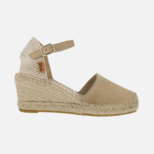 Alpargatas de piel serraje y tejido con pulsera al tobillo