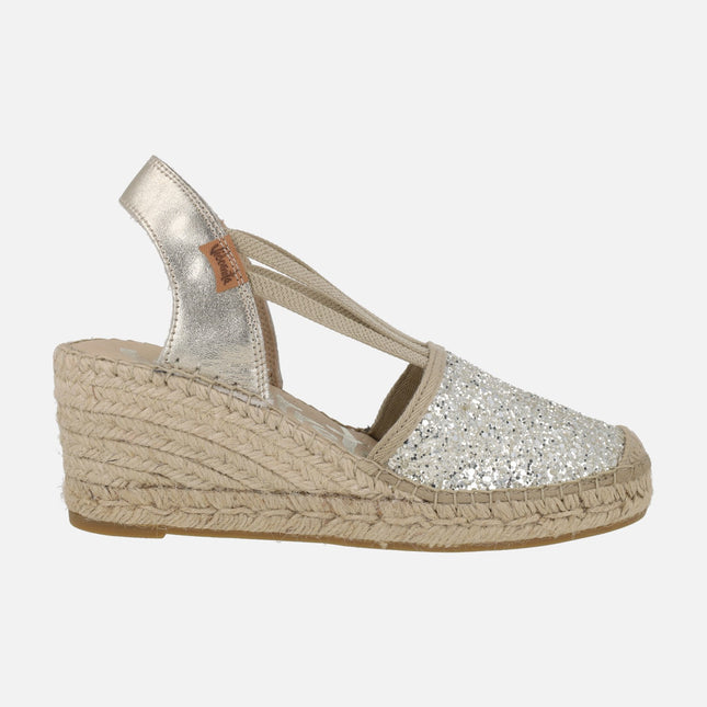 Zapatillas de esparto con pala en glitter y elásticos