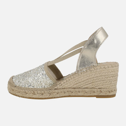 Zapatillas de esparto con pala en glitter y elásticos
