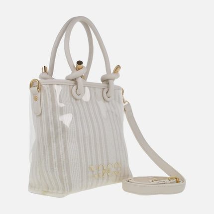 Mini vinyl and striped fabric bags with shoulder strap