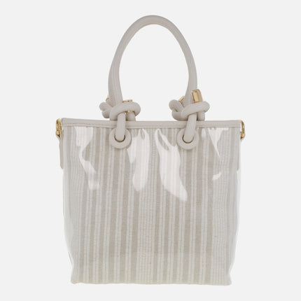 Mini vinyl and striped fabric bags with shoulder strap