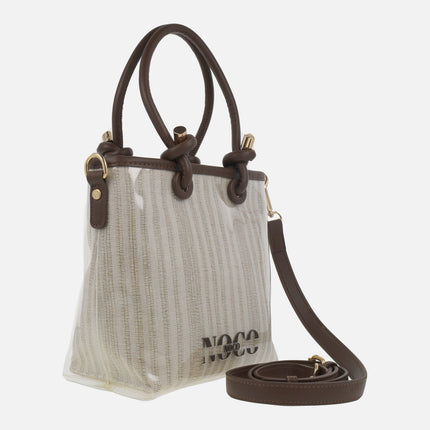 Mini vinyl and striped fabric bags with shoulder strap