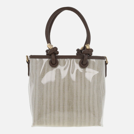 Mini vinyl and striped fabric bags with shoulder strap