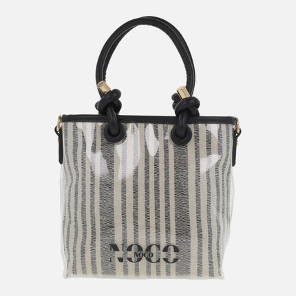 Mini vinyl and striped fabric bags with shoulder strap