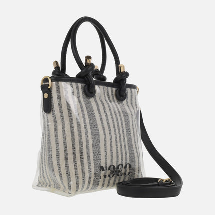 Mini vinyl and striped fabric bags with shoulder strap