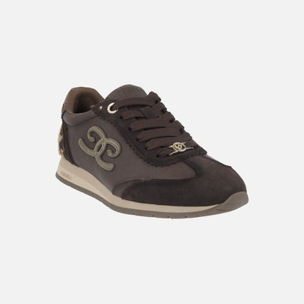 Brown multi-material sneakers with lace closure