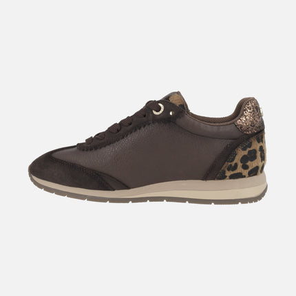 Brown multi-material sneakers with lace closure