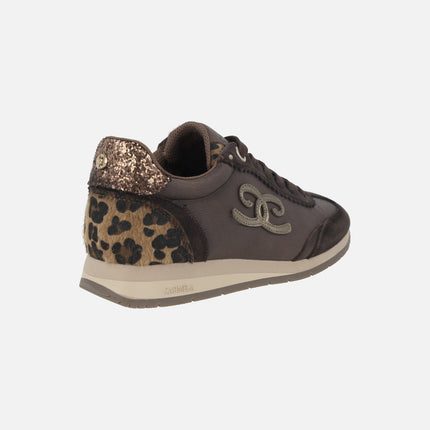 Brown multi-material sneakers with lace closure