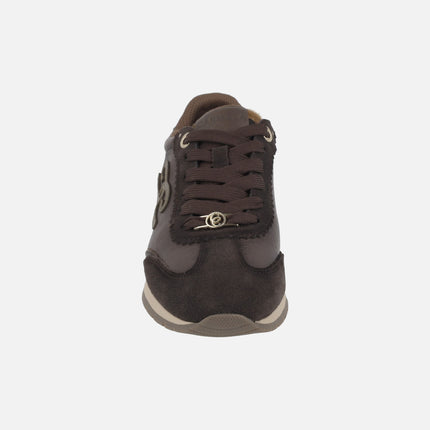 Brown multi-material sneakers with lace closure