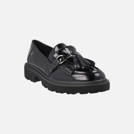 Patent leather loafers Black with fringed pompadour and tassels