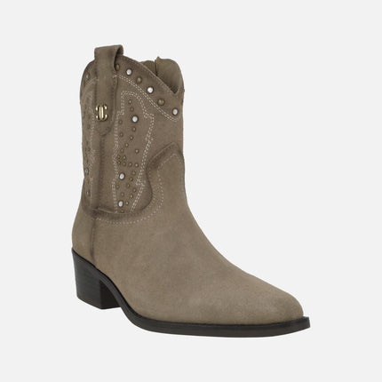 Cowboy style suede ankle boots with metal studs and rhinestones detail