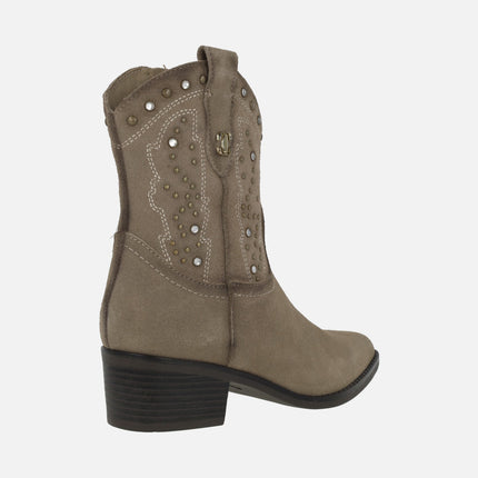 Cowboy style suede ankle boots with metal studs and rhinestones detail