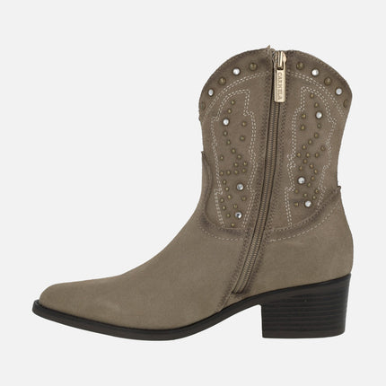 Cowboy style suede ankle boots with metal studs and rhinestones detail