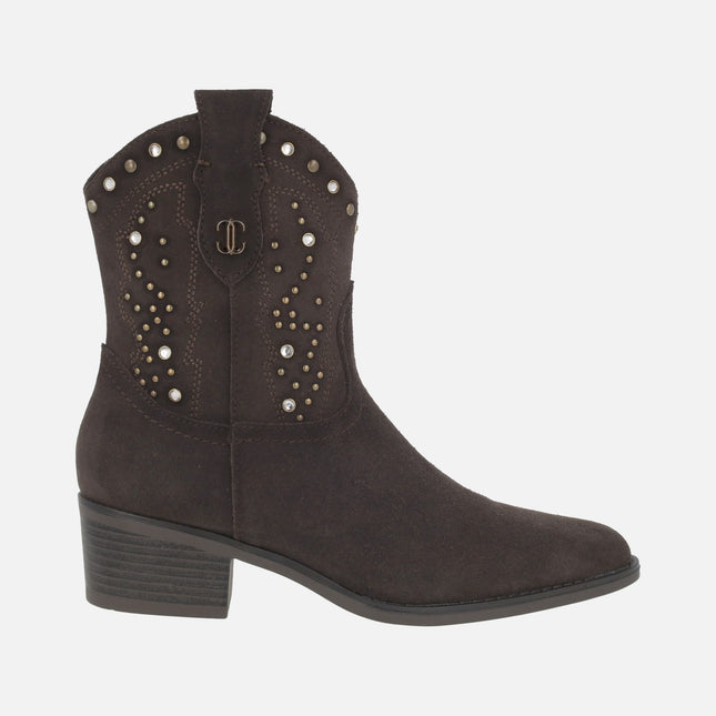 Cowboy style suede ankle boots with metal studs and rhinestones detail