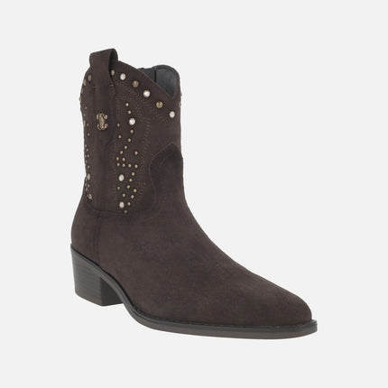 Cowboy style suede ankle boots with metal studs and rhinestones detail