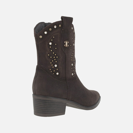 Cowboy style suede ankle boots with metal studs and rhinestones detail