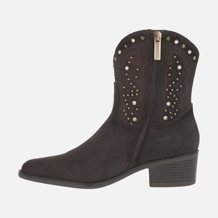 Cowboy style suede ankle boots with metal studs and rhinestones detail