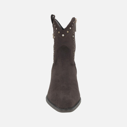 Cowboy style suede ankle boots with metal studs and rhinestones detail
