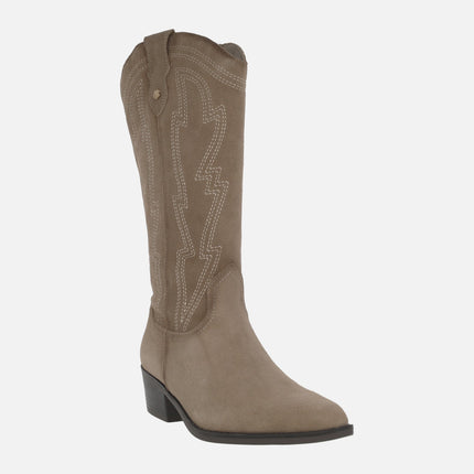 Women's suede cowboy style boots with embroidery