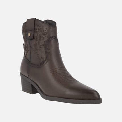 Cowboy-style leather ankle boots with embroidery detail