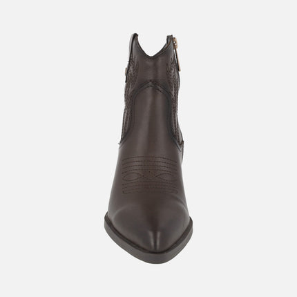 Cowboy-style leather ankle boots with embroidery detail