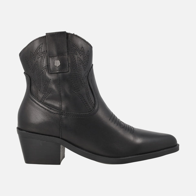 Cowboy-style leather ankle boots with embroidery detail