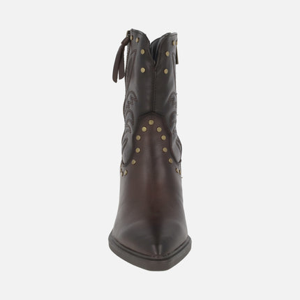 Low cowboy-style leather boots with studs and embroidery
