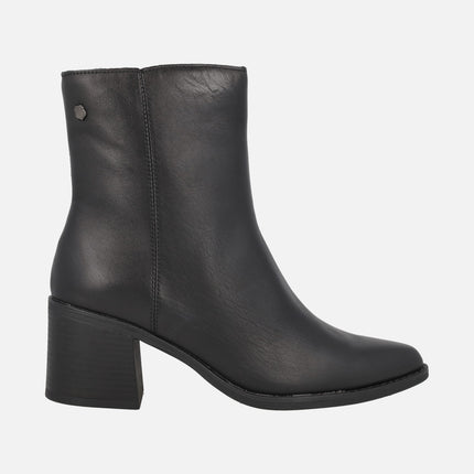 Black leather ankle boots with wide heels