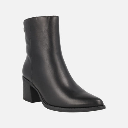 Black leather ankle boots with wide heels