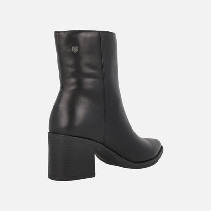 Black leather ankle boots with wide heels