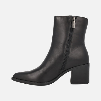 Black leather ankle boots with wide heels
