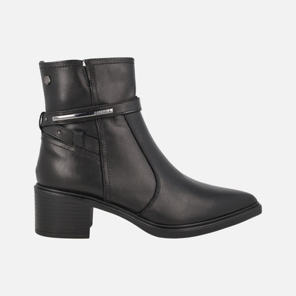 Women's high-heeled ankle boots in black leather with metallic decoration