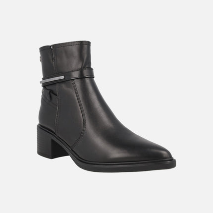 Women's high-heeled ankle boots in black leather with metallic decoration