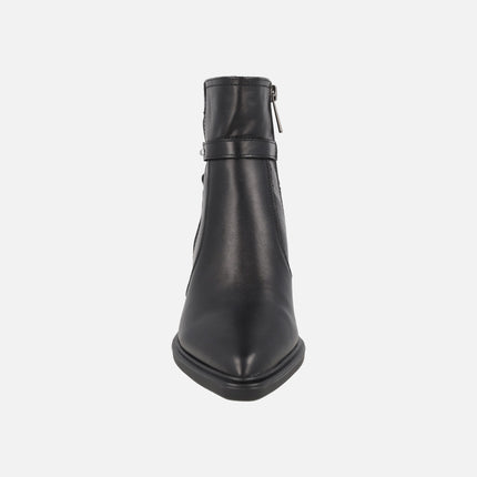 Women's high-heeled ankle boots in black leather with metallic decoration