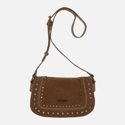 Suede and synthetic crossbody bags with lid and metal studs