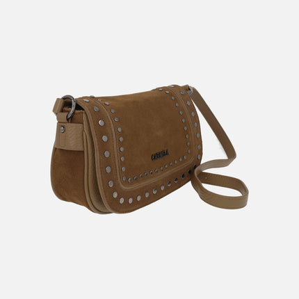 Suede and synthetic crossbody bags with lid and metal studs