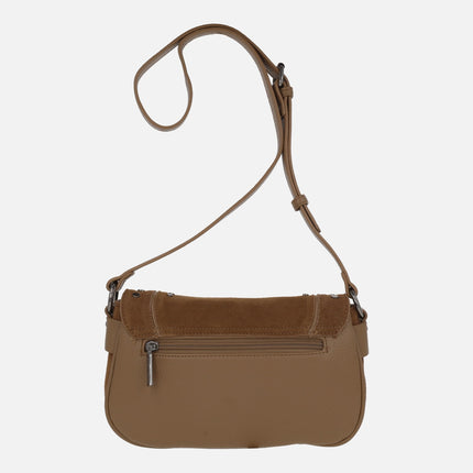 Suede and synthetic crossbody bags with lid and metal studs