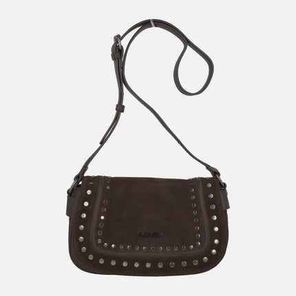 Suede and synthetic crossbody bags with lid and metal studs