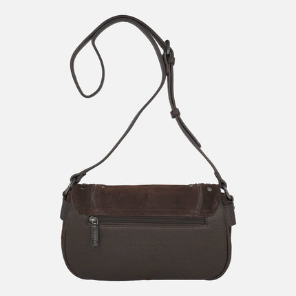 Suede and synthetic crossbody bags with lid and metal studs