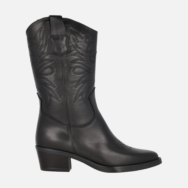 Black cowboy style leather boots with embroidery detail