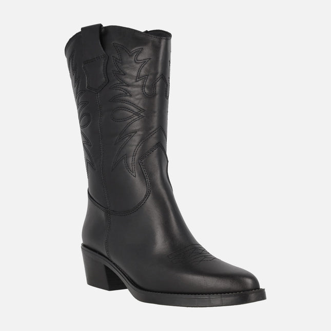 Black cowboy style leather boots with embroidery detail