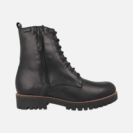 Black leather ankle boots for women with laces and exterior zipper