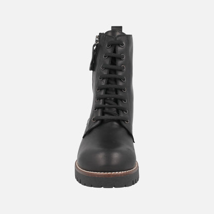 Black leather ankle boots for women with laces and exterior zipper