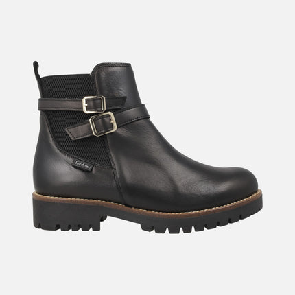 Botines negros de piel para mujer con elástico y hebillas