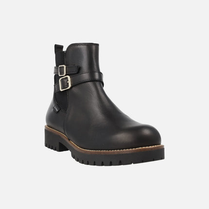 Botines negros de piel para mujer con elástico y hebillas