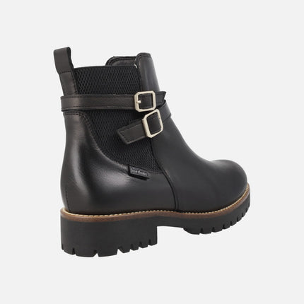 Botines negros de piel para mujer con elástico y hebillas