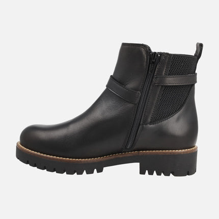 Botines negros de piel para mujer con elástico y hebillas
